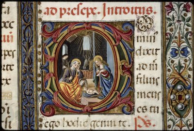 Misal de Thomas James: detalle de una letra D: la Natividad. de Attavante degli Attavanti