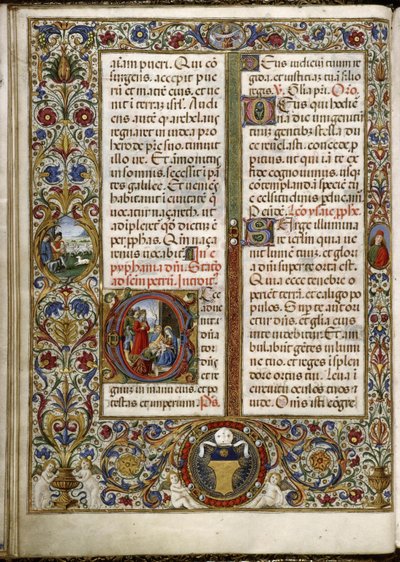 Misal de Thomas James: página con una inscripción: la Adoración de los Magos y un medallón al margen: los pastores en la Anunciación. de Attavante degli Attavanti