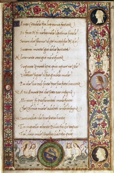 Página del manuscrito "Il canzoniere" de Francesco Petrarca (Petrarca) (1304-1374) iluminada por Attavante dei Attavanti (1452-1525) (ms. cl.VIII.684) siglo XV Dim. 19 x 12,7 cm Florencia, Biblioteca Nacional de Attavante di Gabriello di Vanti di Bartolo