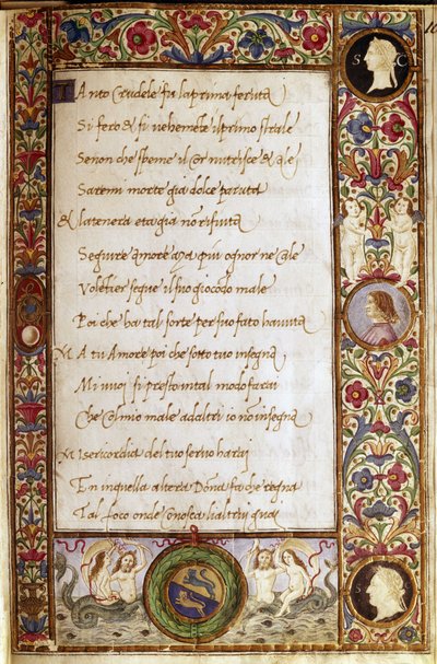 Página del manuscrito de "Il Canzoniere" de Francesco Petrarca (1304-1374). Miniatura de Attavante degli Attavanti (1452-1525), Biblioteca Nacional, Florencia. de Attavante di Gabriello di Vanti di Bartolo