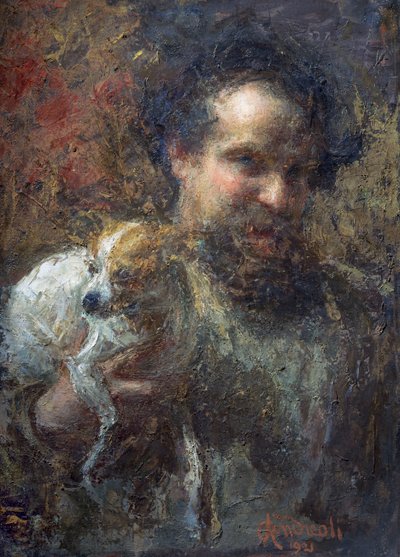 Autorretrato de Attilio Andreoli con perro (óleo sobre lienzo) de Attilio Andreoli