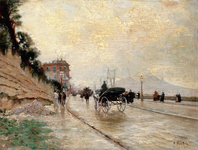 Carruaje en el paseo marítimo de Nápoles (óleo sobre tabla) de Attillo Pratella
