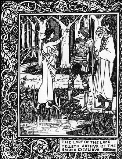 Leyenda Artúrica: "La Dama del Lago (Vivian hada) enseña a Arturo la existencia de la espada Excalibur" Grabado en "Le Morte d