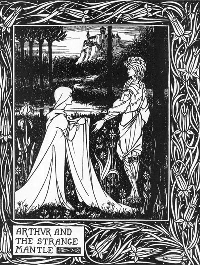 El Rey Arturo recibiendo la visita de una joven enviada por el hada Morgana (El Rey Arturo y el extraño manto enviado por Morgana la hada). Ilustración de Aubrey Beardsley (1872-1898) del libro 