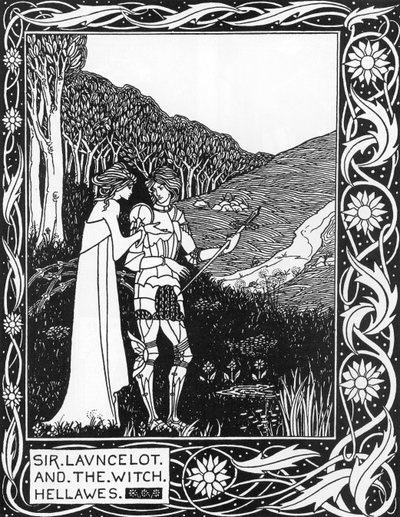 Sir Launcelot y la bruja Hellawes (Lancelot y la bruja Hellawes) Ilustración de Aubrey Beardsley de 