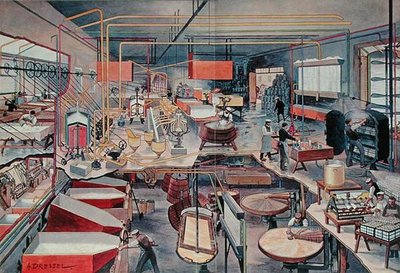Interior de una lechería urbana moderna, ilustración de 
