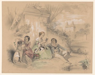 Tres niños en el jardín de un castillo, leyendo y jugando con perros de August Allebe