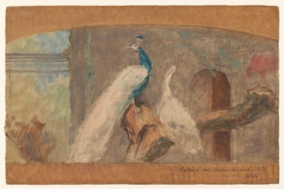 Diseño para un dessus-de-porte: rama con pavo real y otras aves de August Allebe