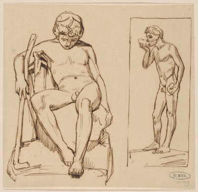 Sentado desnudo con bastón y bebiendo desnudo de pie de August Allebe