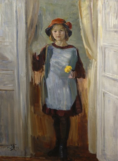 Niña en el portal (Maria Eiebakke) 1918 (óleo sobre lienzo) de August Eiebakke