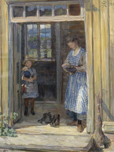 mujer y niña, en, puerta de August Eiebakke