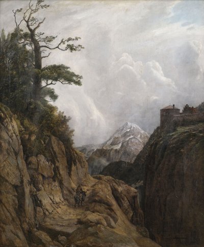 Jinete de burro en paisaje montañoso de August Holmberg