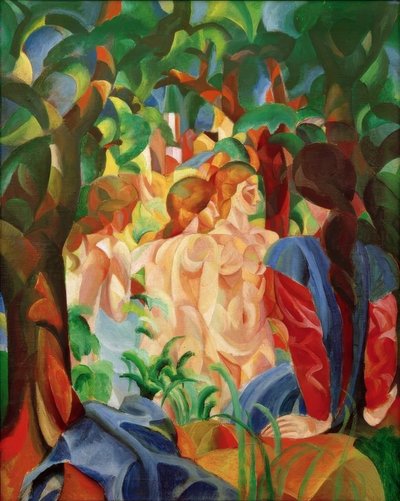 Niñas bañándose con la ciudad al fondo de August Macke