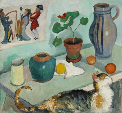 El espíritu en el banco de la casa: naturaleza muerta con gato de August Macke