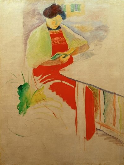 Mujer con delantal rojo en el balcón (Elisabeth) de August Macke