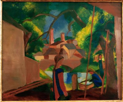 Niños en la fuente con la ciudad al fondo de August Macke