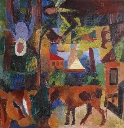 Paisaje con vacas, velero y figuras. 1914 de August Macke