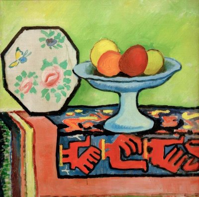 Naturaleza muerta con cuenco de manzanas y abanico japonés de August Macke
