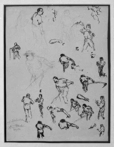 Hoja de estudio con campesinos segando de August Macke