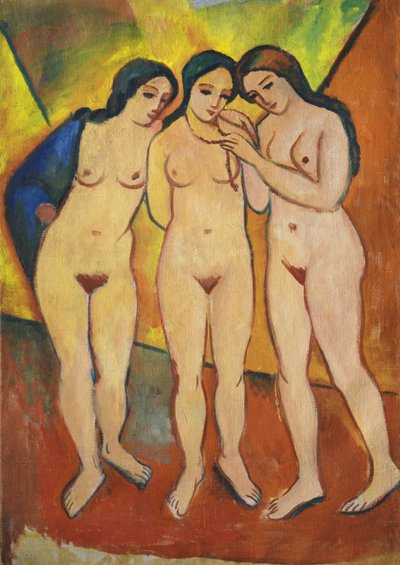 Tres desnudos, naranja y rojo, 1912 de August Macke