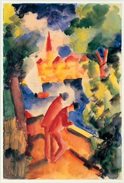 Dos hombres apoyados en la barandilla mirando un lago de August Macke