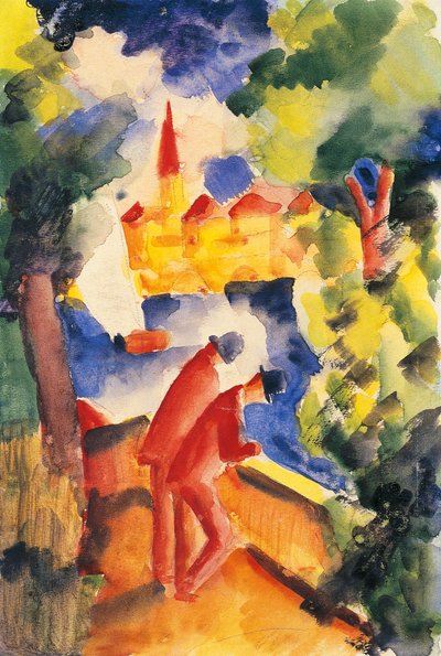 Dos hombres apoyados en la barandilla mirando un lago, 1914 de August Macke