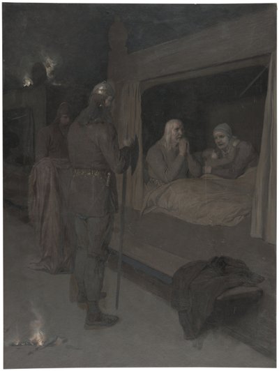 Njal, Bergthora y Thord Karisson deciden dejarse quemar vivos. Ilustración para la Saga de Njal, cap. 129 de August Malmström
