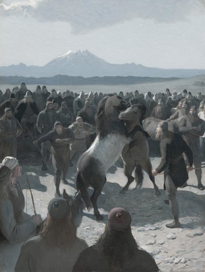 La historia de Burnt Njáll: La pelea de caballos en Hliðarendi, 1880s de August Malmström