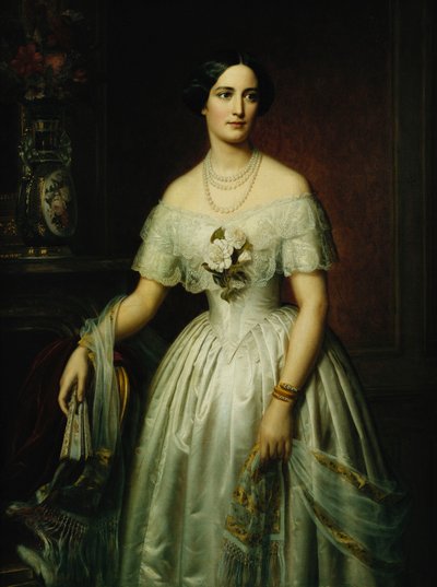 Retrato de una Dama de Pie Tres Cuartos de Longitud Vestida de Blanco, 1851 y 1876 de August Schiott