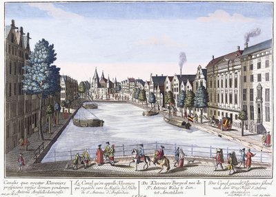 Vue of Kleveniers Canal, Amsterdam, c.1740-1770 (grabado coloreado a mano) de August Vindel