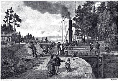 Vista de la esclusa de Juustila en Finlandia, 1873 de August Weger