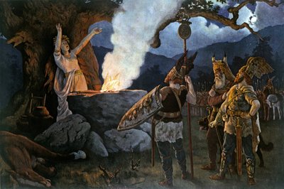 Guerreros celtas consultan a una sacerdotisa. Pintura de Augustus Dieffenbacher. de August Wilhelm Dieffenbacher