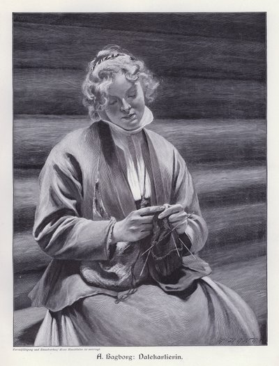 Retrato de una mujer tejiendo (grabado) de August Wilhelm Nikolaus Hagborg