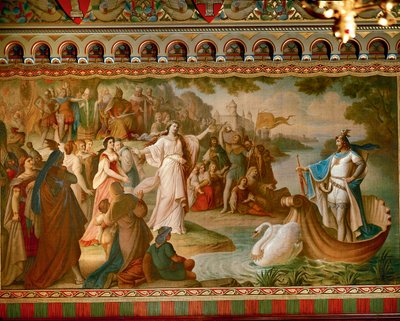 La llegada de Lohengrin a Amberes, de la Saga de Lohengrin, Salón, c.1882-83 de August von Heckel