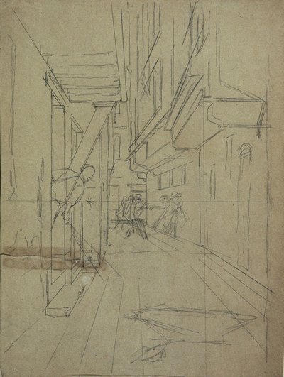 Boceto en perspectiva para "Pelea callejera en un callejón veneciano" de August von Pettenkofen