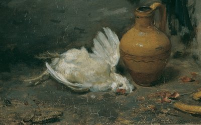 Bodegón con pollo muerto y jarra de August von Pettenkofen