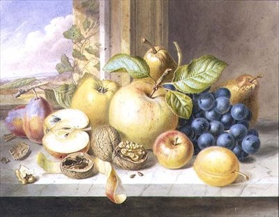 Naturaleza muerta de manzanas, uvas, peras, ciruelas y nueces en un alféizar de Augusta Innes Withers