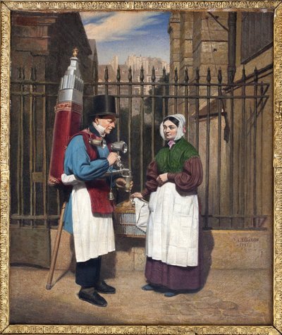 El comerciante de cocos (bebida refrescante aromatizada con regaliz) y su pintoresca fuente formaban parte de las figuras familiares de la calle parisina del siglo XIX y principios del XX. Pintura de Augusta Le Baron Desves (1804-?) , óleo sobre lienzo de Augusta Le Baron Desves