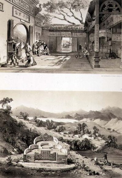 Vista Interior del Gran Templo en Macao y una Tumba y Pueblo entre las Bahías de Hong Kong y Kowloon, láminas 8 y 7 de 
