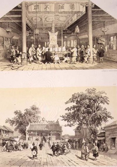 Interior del Templo de Buda y una Pequeña Plaza en los Suburbios de Cantón, láminas 25 y 26 de 