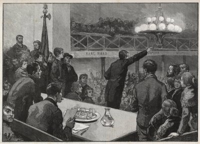 Reunión para la huelga en el Vooruit en 1885 - grabado en 1885 “Le monde illustré” - dibujo de Gerardin de Auguste (after) Gerardin