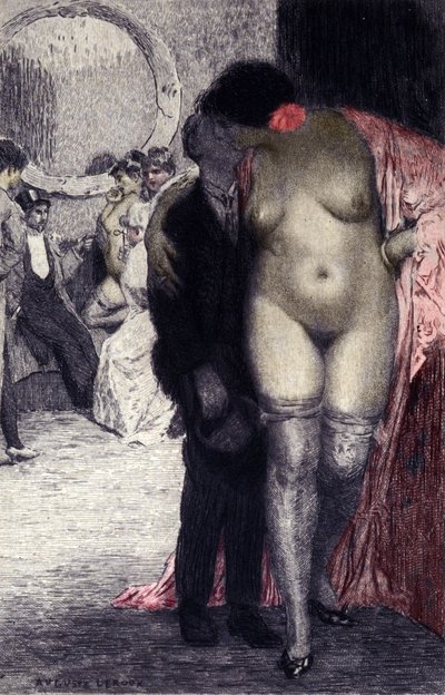 Interior de un burdel francés. Un cliente con una prostituta. Ilustración de Auguste Leroux (1871-1954) de Auguste (after) Leroux
