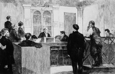 Bow Street Police Court Hall en Londres en 1884 (grabado) de Auguste Andre Lancon