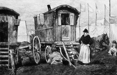 Campamento de gitanos con su caravana tirada por caballos de Auguste Andre Lancon