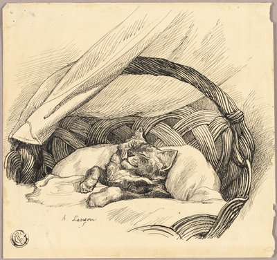 Gato dormido en una cesta de Auguste Andre Lancon