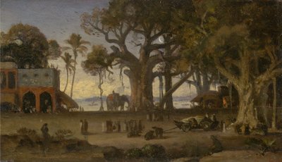 Escena de figuras indias y elefantes entre banianos a la luz de la luna, Alta India (probablemente Lucknow) de Auguste Borget