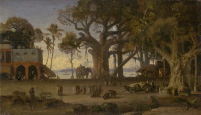 Escena nocturna de figuras indias y elefantes entre árboles de banyán, Alta India (probablemente Lucknow) de Auguste Borget