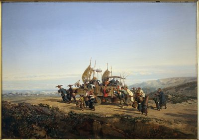 Viajeros usan un carro con velas y disparan hombres. Pintura de Auguste Borget de Auguste Borget