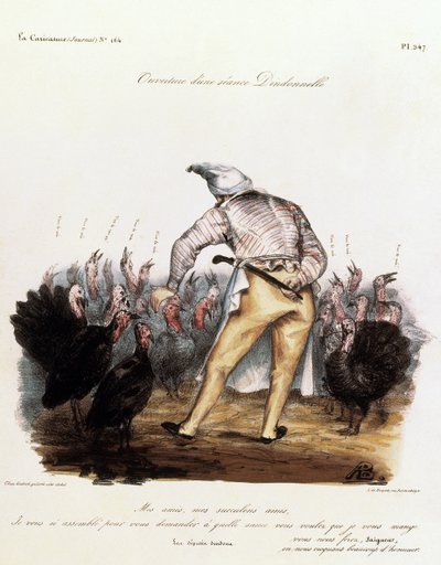 Luis Felipe con un gorro de noche en la cabeza, rodeado de pavos de Auguste Bouquet