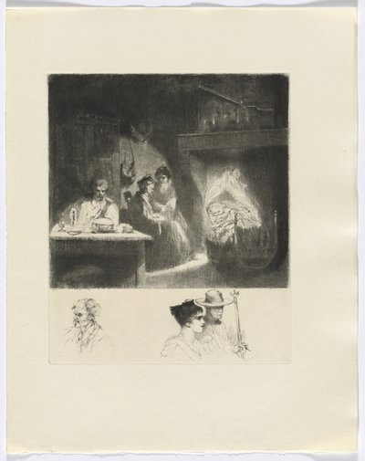 Frédéric Mistral: Mémoires et Recits de Frédéric Mistral: escena familiar/ busto de tres figuras (inserto después de la p. 48) de Auguste Brouet